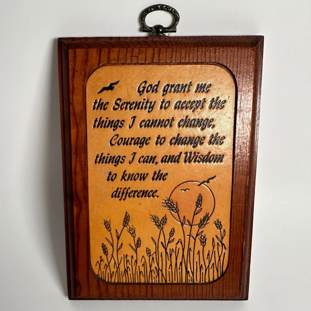 Vintage 1970s Serenity Prayer Wall Plaque Wood Embossed Leather Inlay Rustic